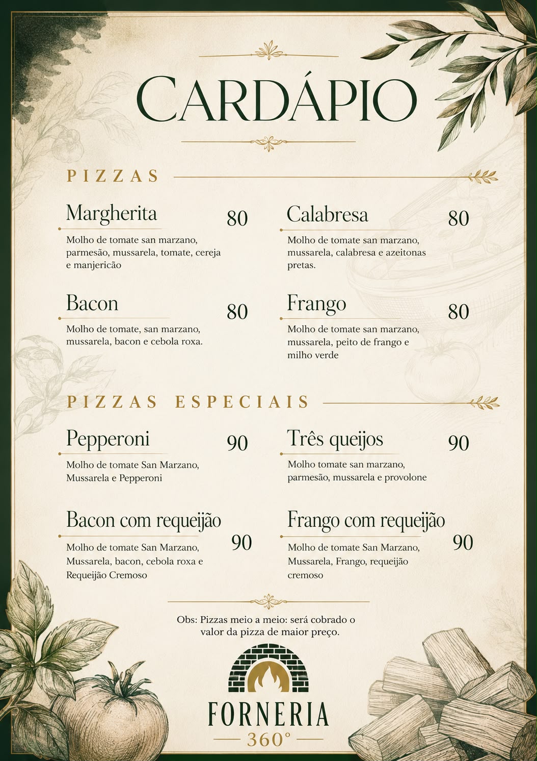 Cardápio atual da Forneria 360º