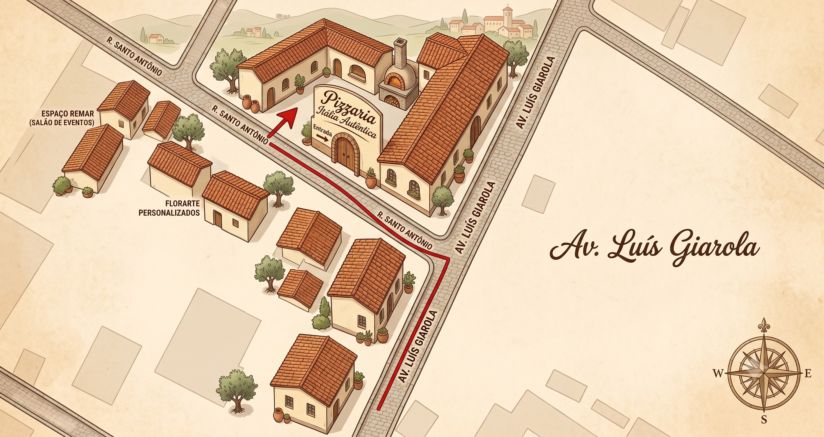Mapa artesanal de como chegar à Forneria 360º