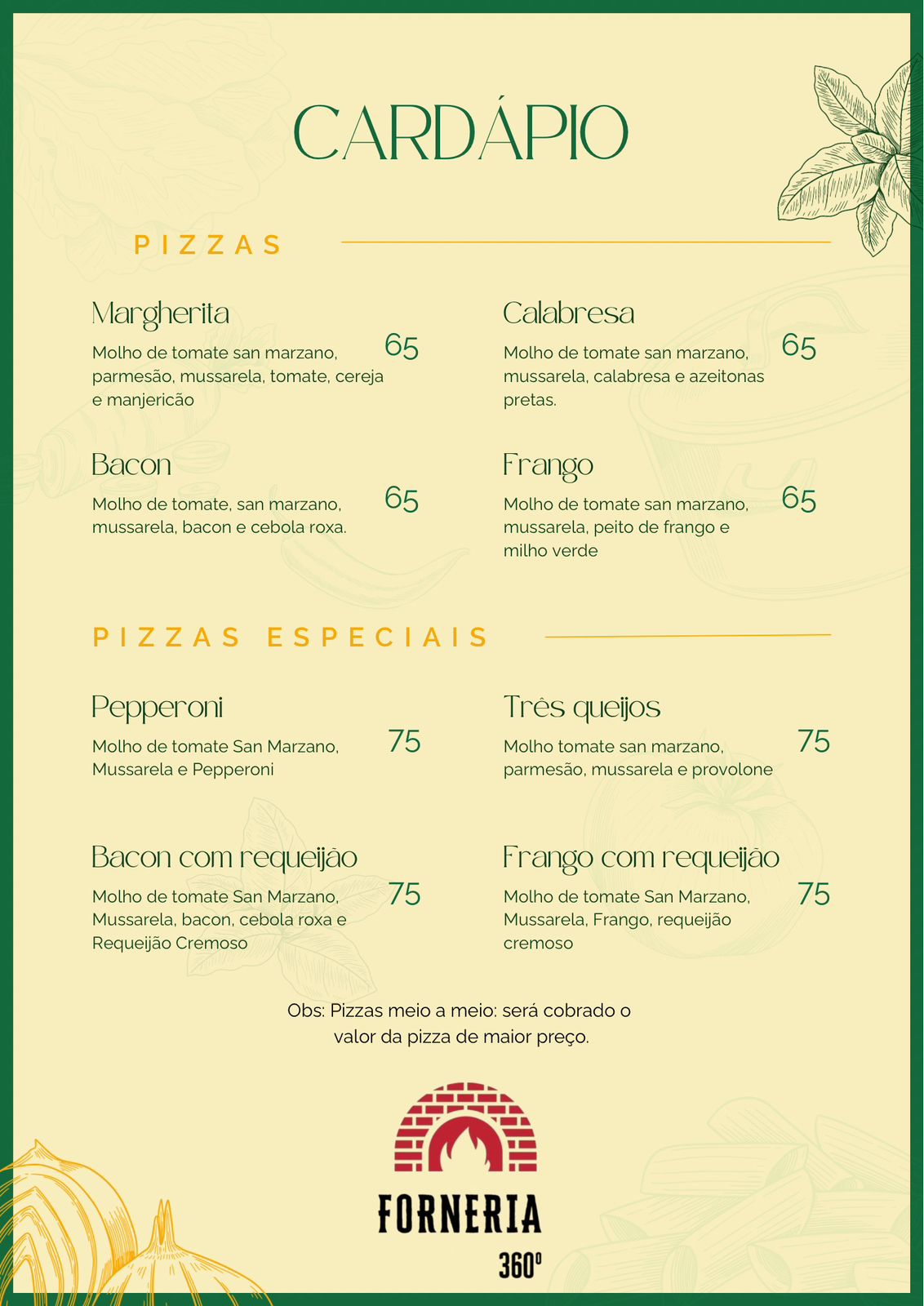 Cardápio atual da Forneria 360º
